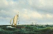 Stormfuld Eftermiddag i Skagerak. En dansk Jagt og forskjellige Skibe passere Skagen Vilhelm Melbye
